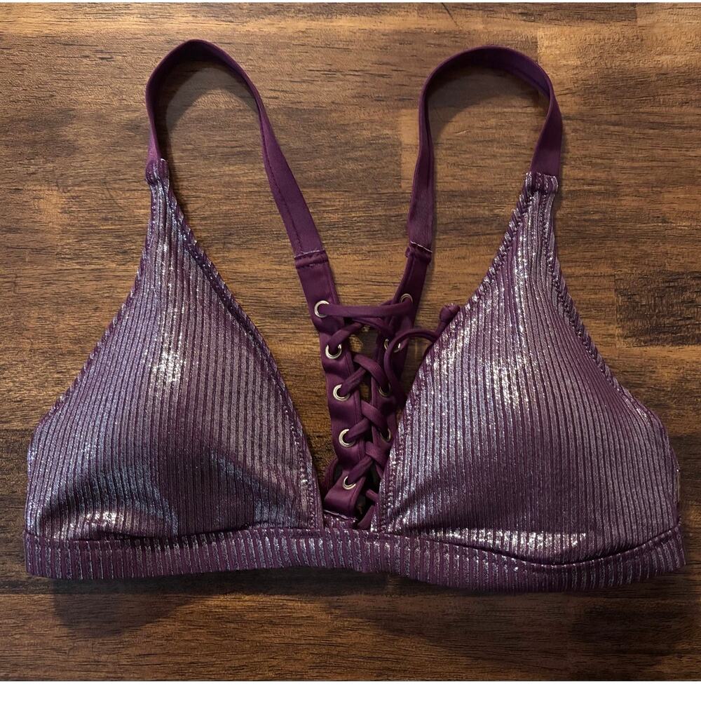 Victoria’s Secret PINK Swim Medium Bikini Top Triangle Plunge Lace Up Metallic